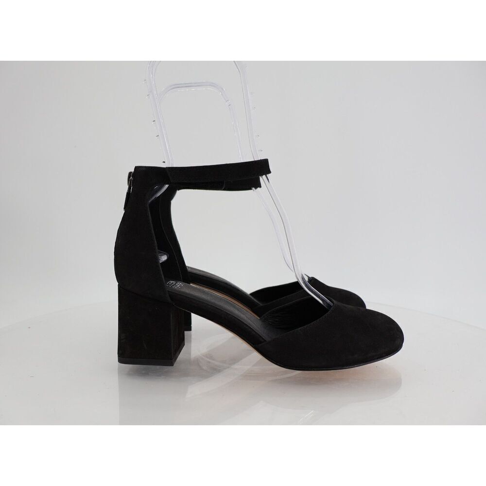 Eileen Fisher Indi Ankle Strap Pumps Suede Black Leather Size 7 Block Heel - Picture 3 of 11